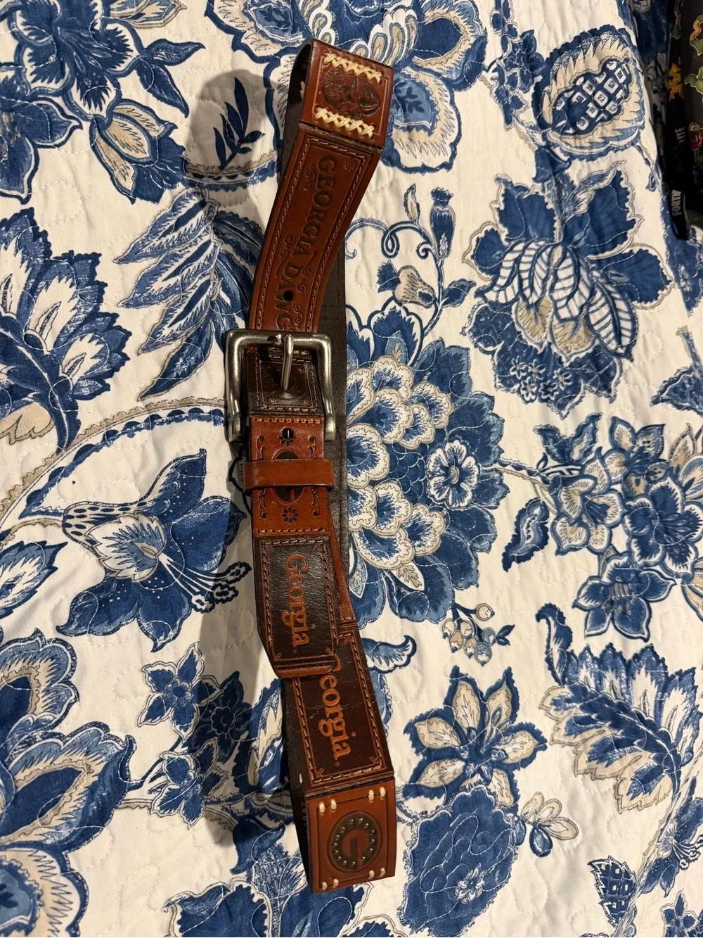 Embossed Brown Leather Belt with Metal Buckle
